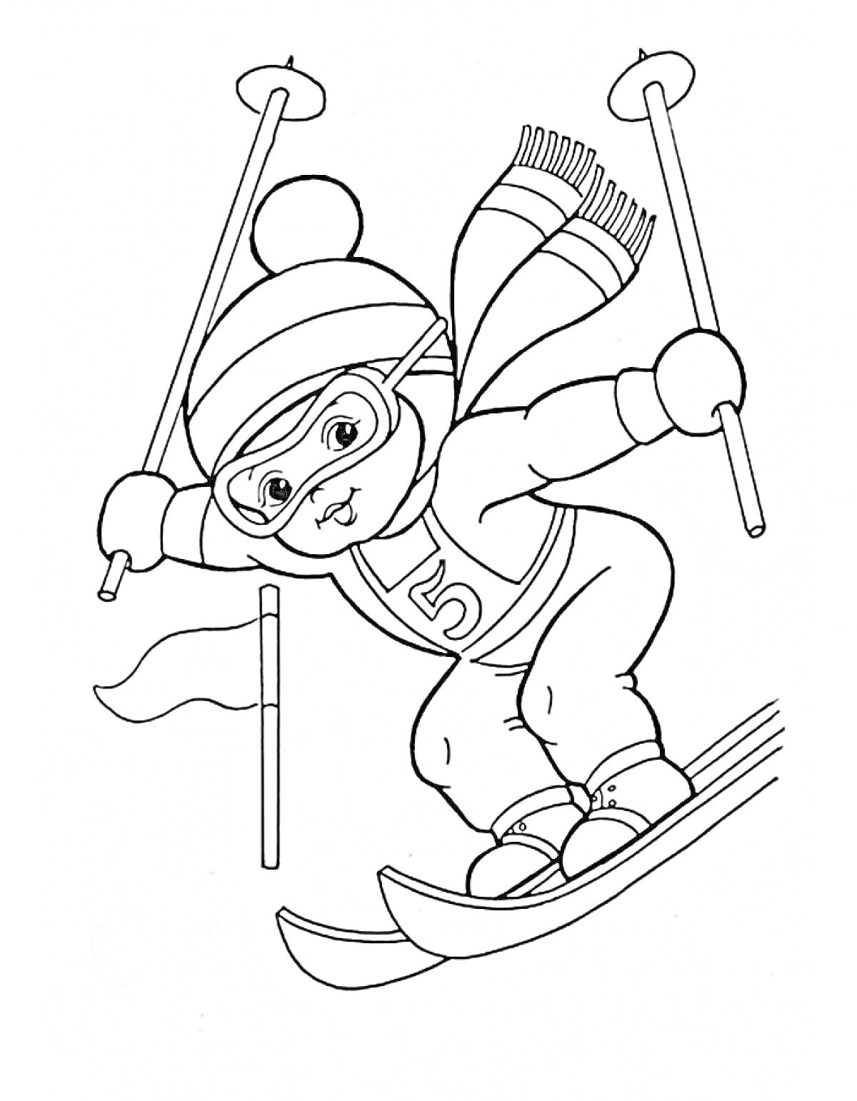 Мишка на лыжах с палками, в костюме со шарфом, шапкой и очками, возле флага