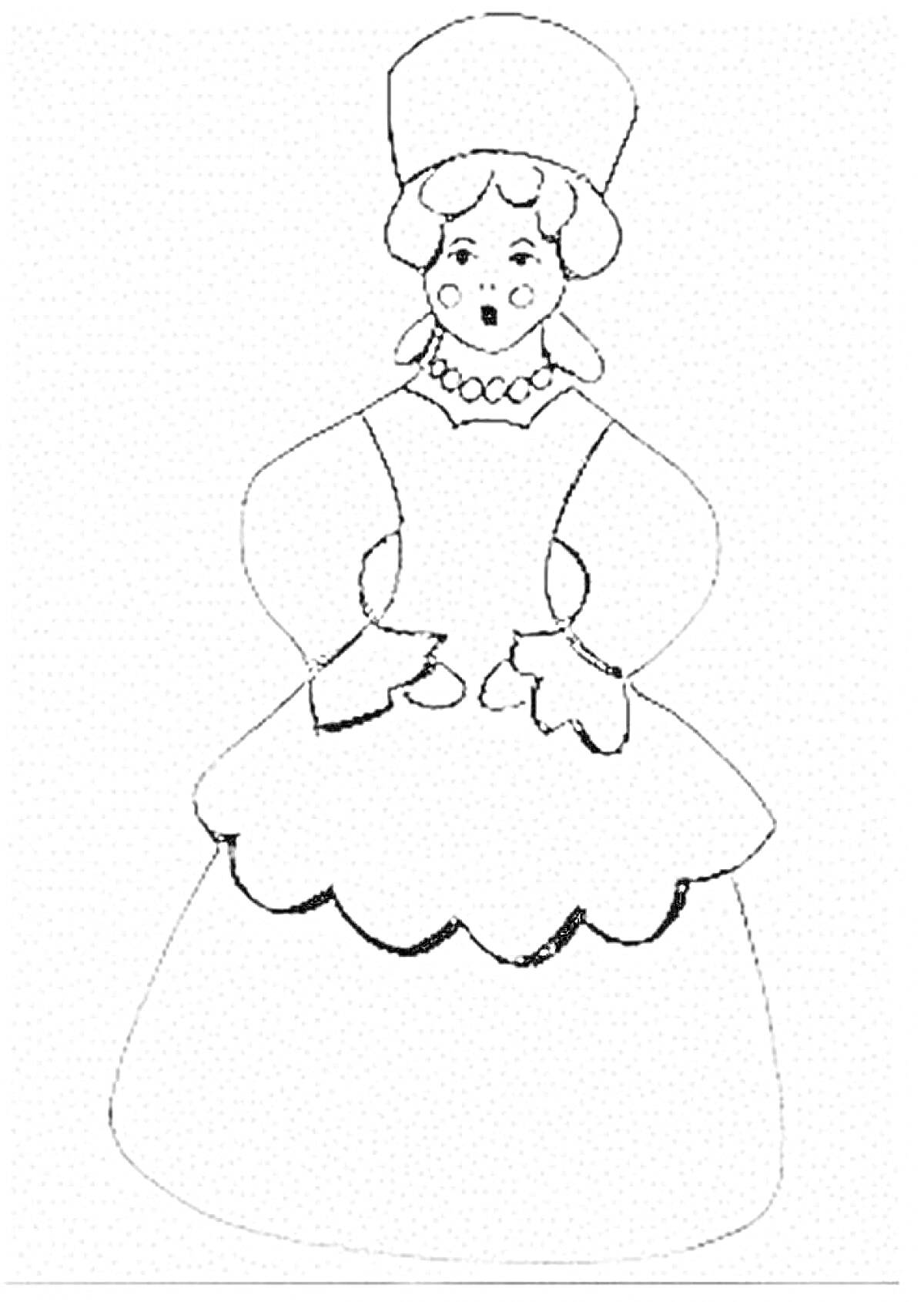 Раскраска Дымковская барышня в кокошнике, с двумя руками на поясе, в длинном платье и с украшением на шее.