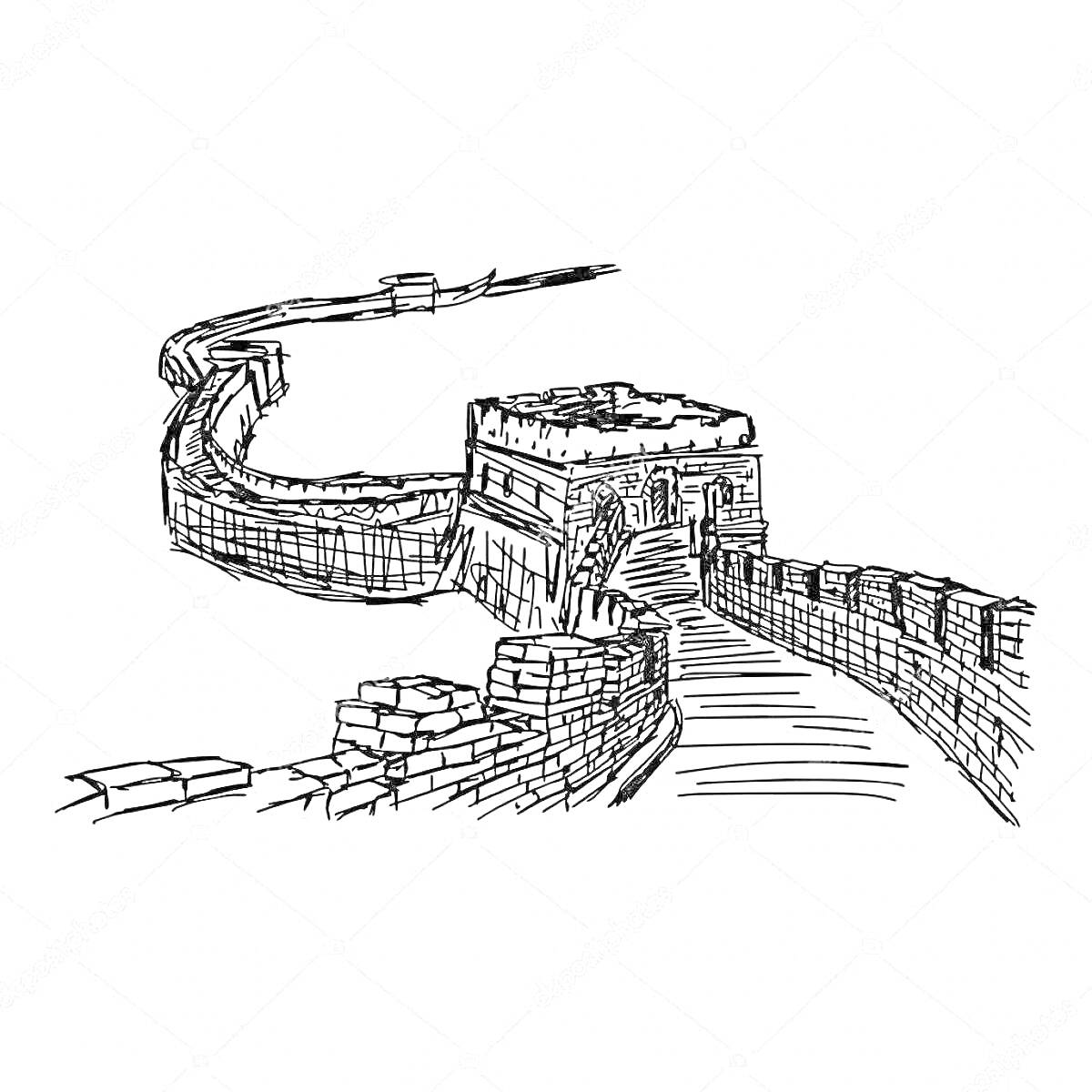 На раскраске изображено: Великая Китайская стена, Историческое строение, Китай, Архитектура, Древность, Путешествия