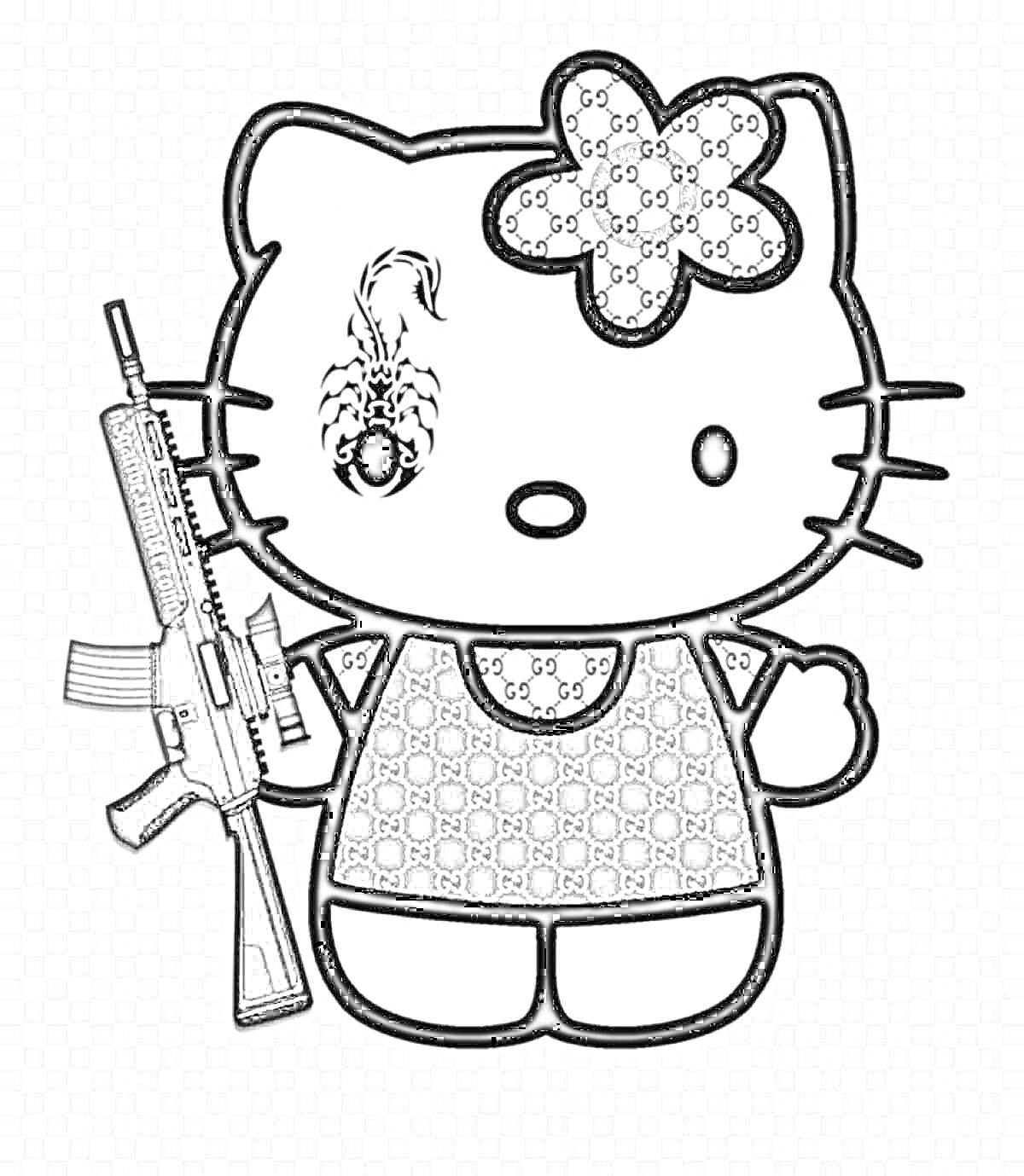 Раскраска Hello Kitty с винтовкой, татуировка-скорпион, цветок на голове