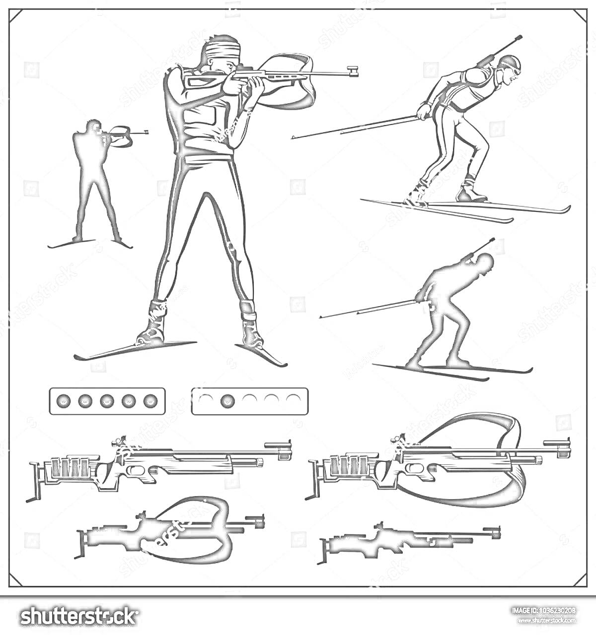 Раскраска Биатлон: биатлонисты на лыжах и стреляющие, винтовки, мишени и пули в чёрно-белом стиле