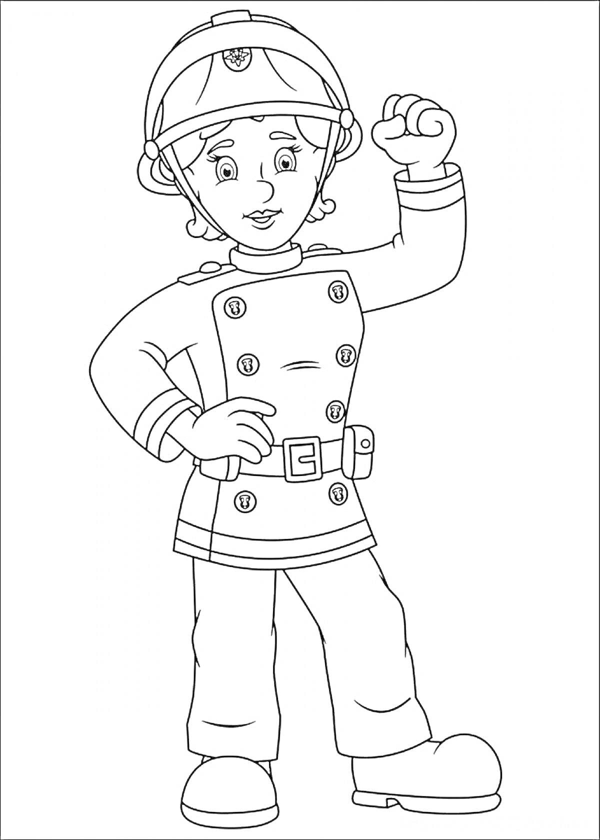 Раскраска Пожарный в форме, с поднятой рукой, в защитном шлеме и сапогах