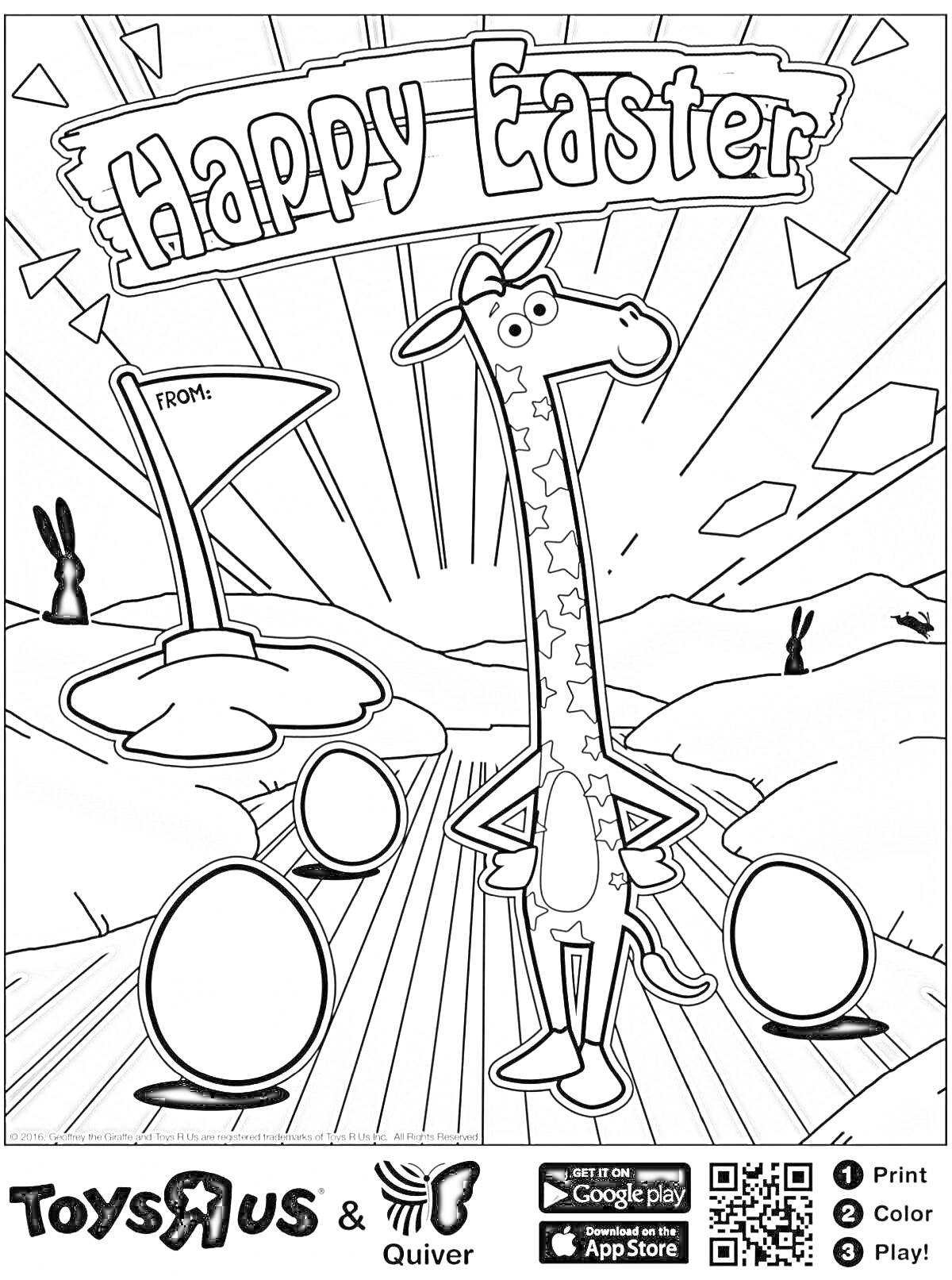 Раскраска Жираф с пасхальными яйцами и зайцами на фоне с надписью 