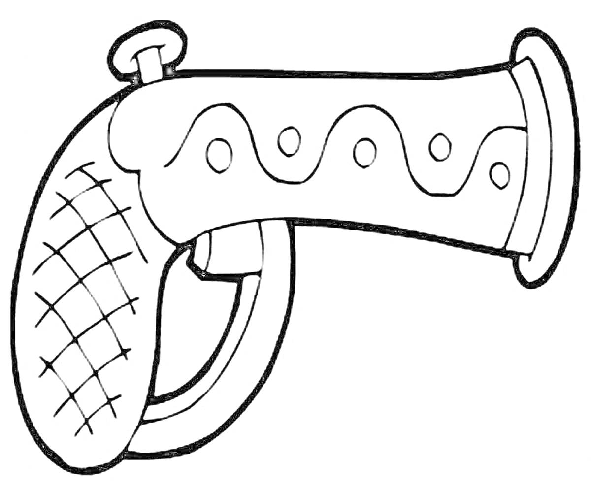 На раскраске изображено: Пистолет, Волнистый узор, Клетчатый узор, Контурные рисунки