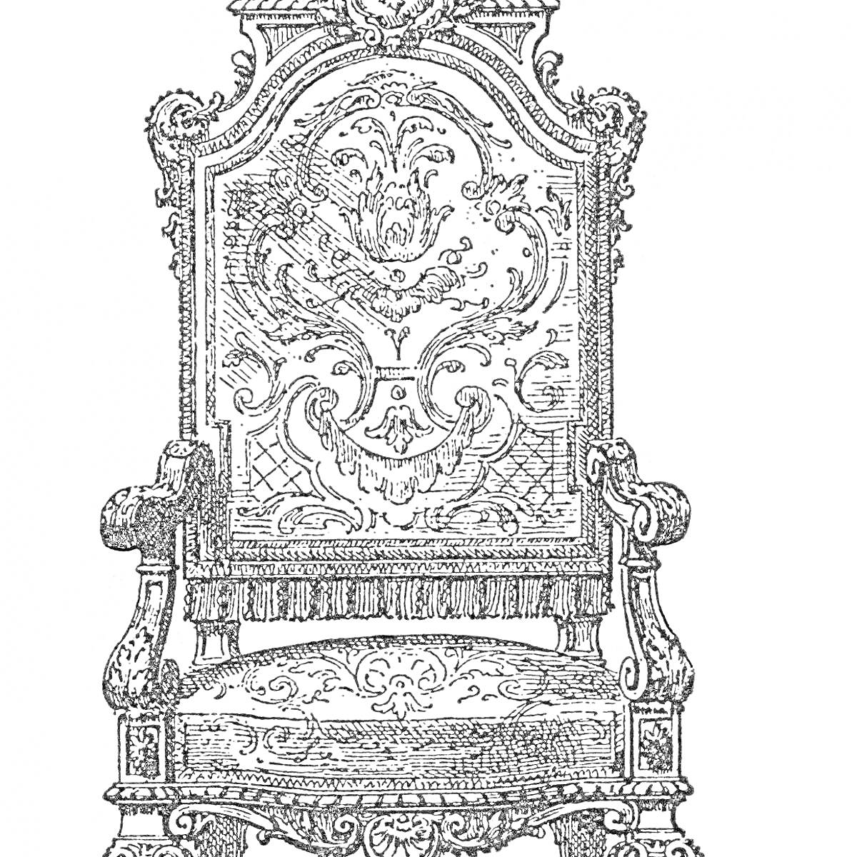На раскраске изображено: Трон, Кресло, Резьба, Мебель, Антиквариат, Подлокотники