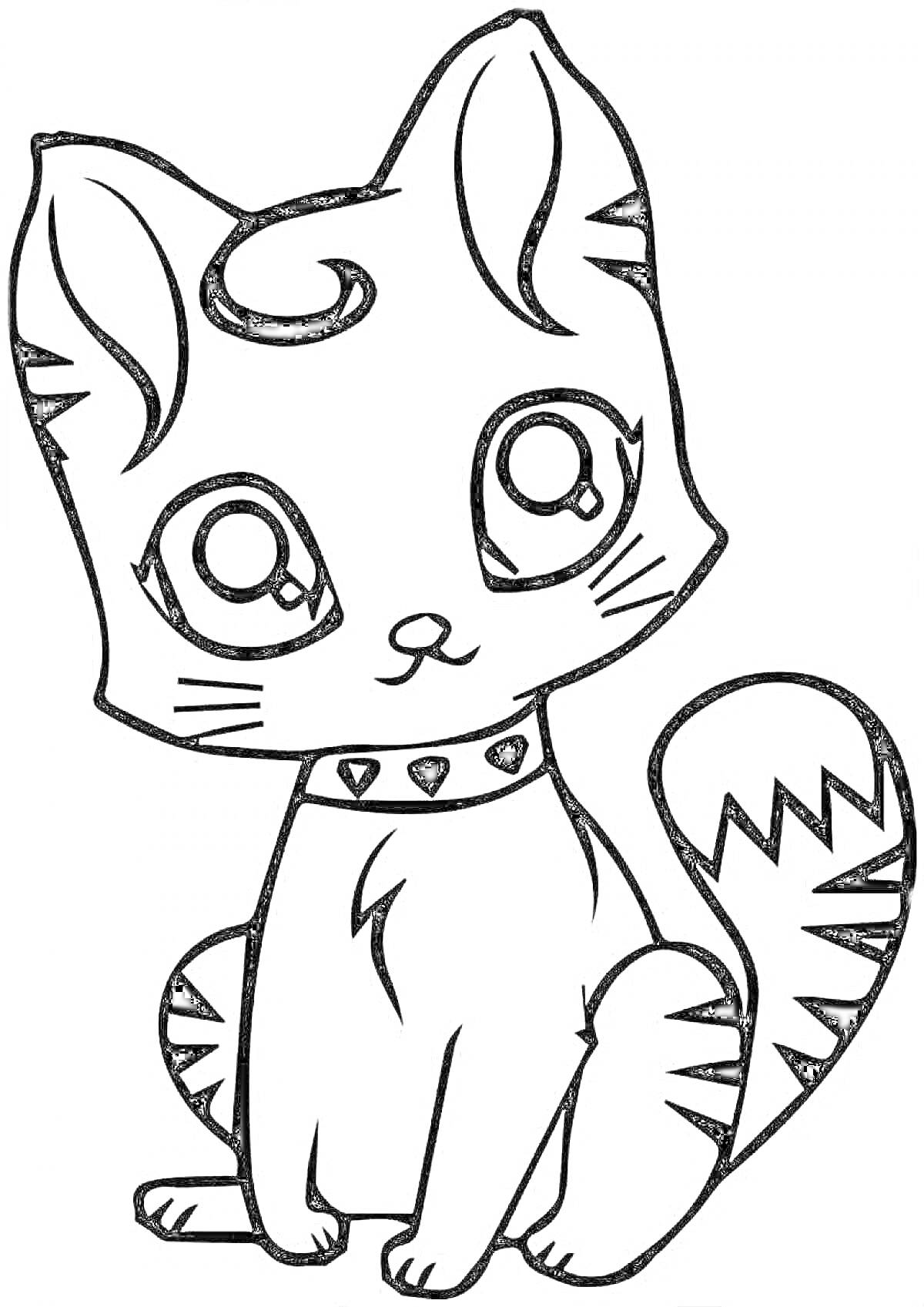 Раскраска Милый котик с ошейником и большими глазами