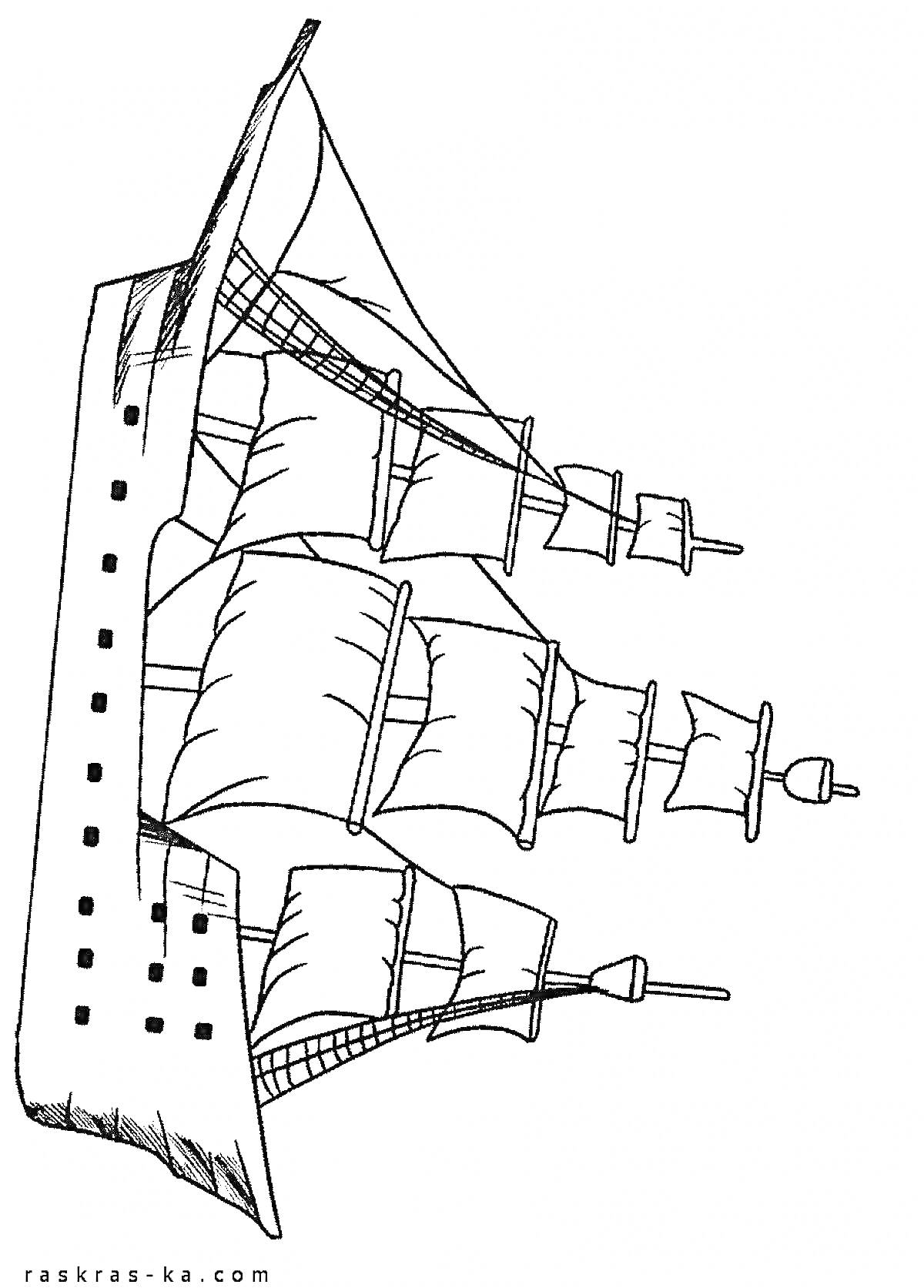 Раскраска Парусный корабль с тремя мачтами и парусами