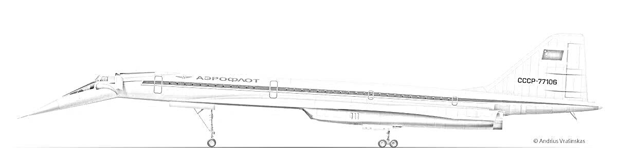 Раскраска Самолет Ту-144 в профиль