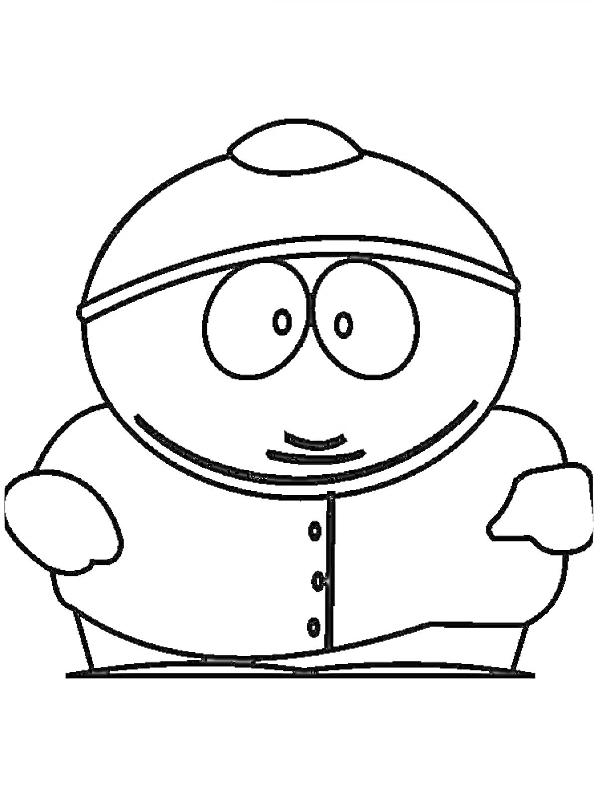 Раскраска Персонаж мультфильма в шапке и куртке с пуговицами из мультсериала 