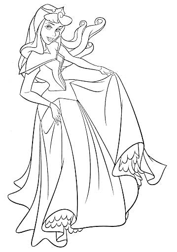 Принцесса Аврора в длинном платье с короной на голове и развевающимися волосами