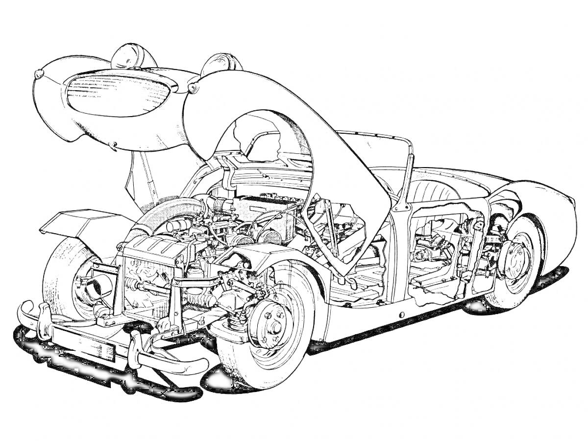 Раскраска Автомобиль с открытым капотом и видным двигателем