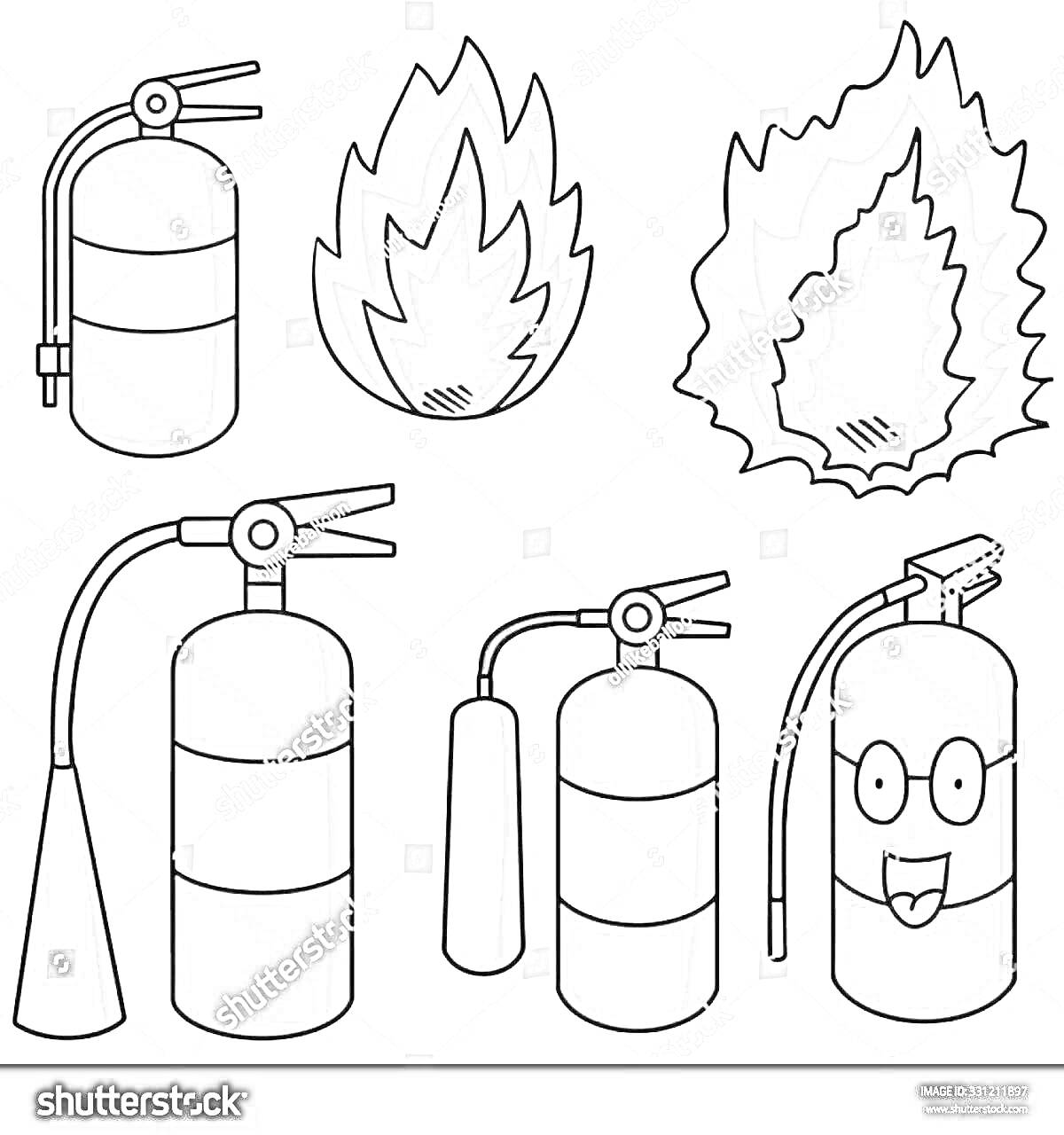 На раскраске изображено: Огнетушитель, Огонь, Безопасность, Пожарная безопасность, Иллюстрация, Обучение, Для детей, Пожар