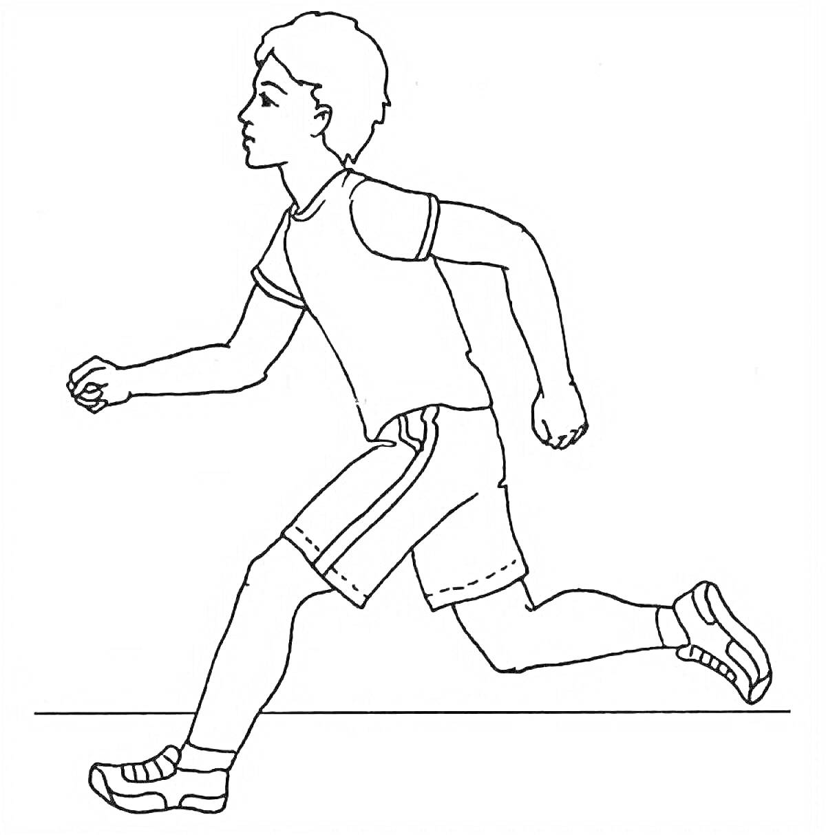 Раскраска Человек бегущий по прямой линии в футболке, шортах и кроссовках