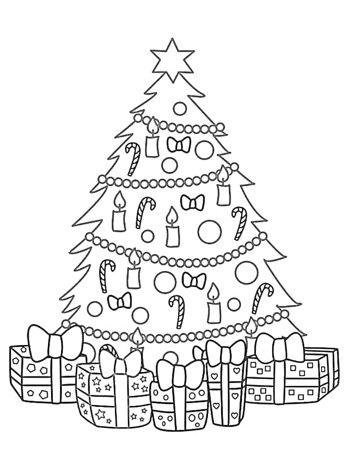 Раскраска Новогодняя елка с украшениями, гирляндами, подарками и конфетами