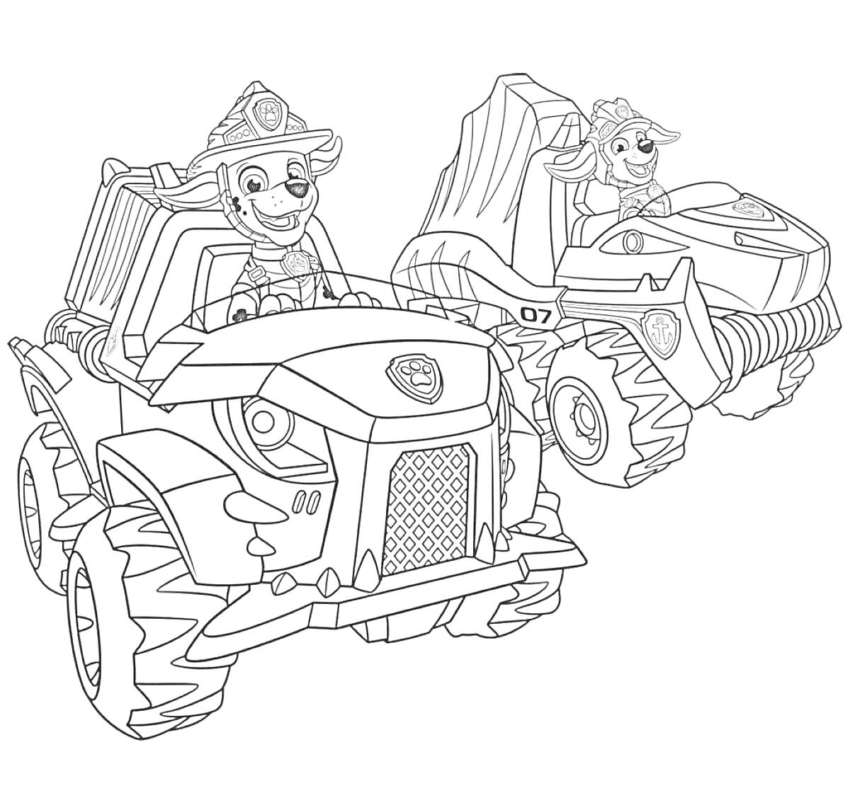 Раскраска Щенячий Патруль на патрулевозах с двумя персонажами