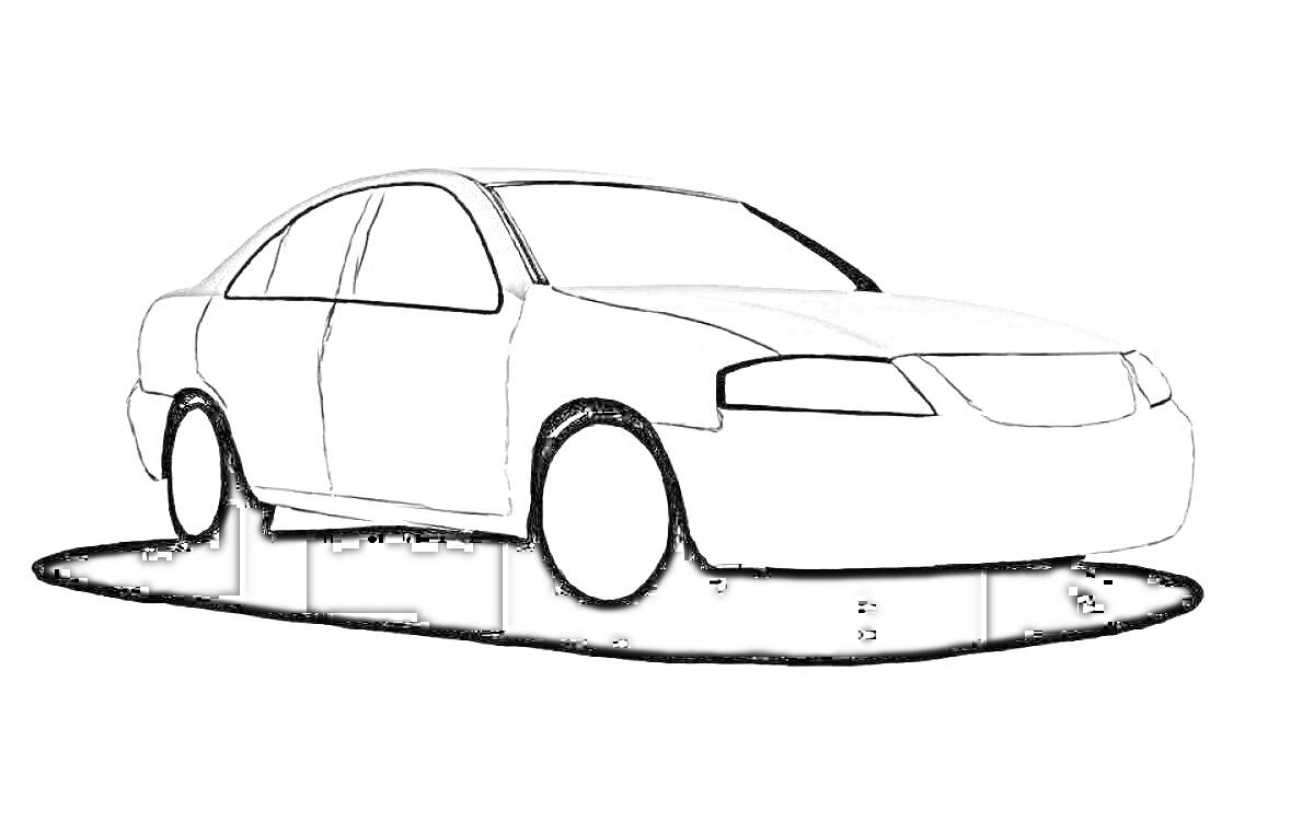 Раскраска Контур автомобиля Nissan Almera с окнами, дверями, колесами, капотом и тенью на земле