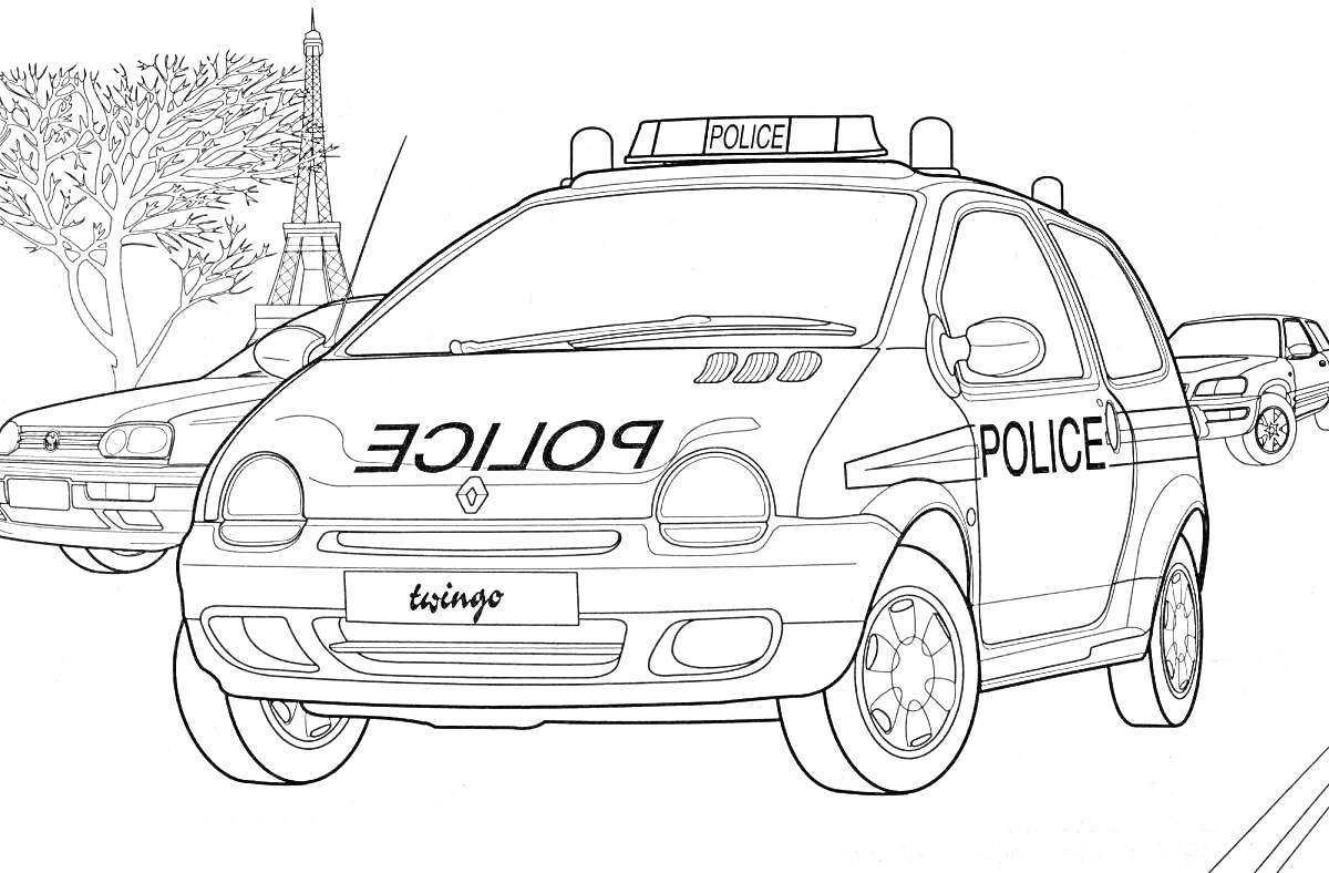 На раскраске изображено: Полицейская машина, Полиция, Эйфелева башня, Транспорт, Париж, Городская жизнь, Безопасность, Деревья, Улицы