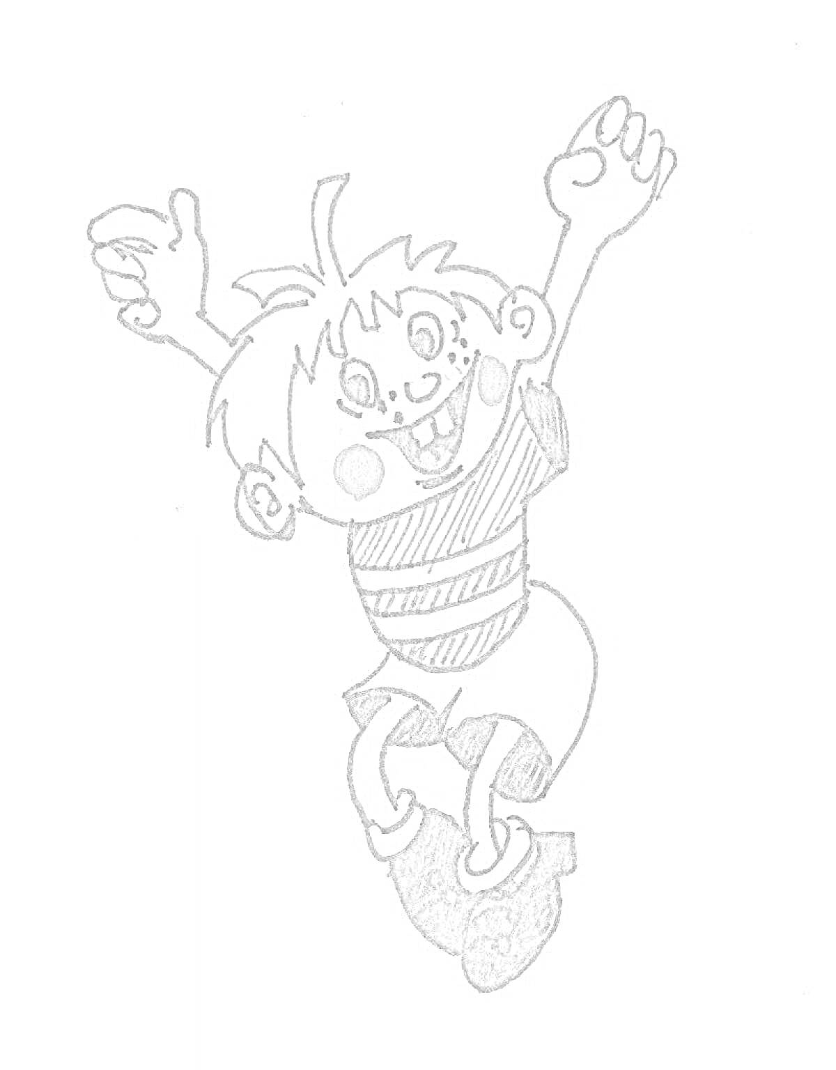 На раскраске изображено: Мальчик, Улыбка, Поднятые руки, Полосатая футболка, Детский персонаж