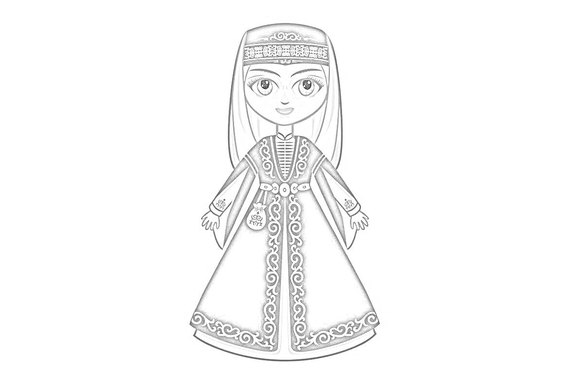 На раскраске изображено: Армянский костюм, Национальная одежда, Девочка, Традиционная одежда, Этнический стиль