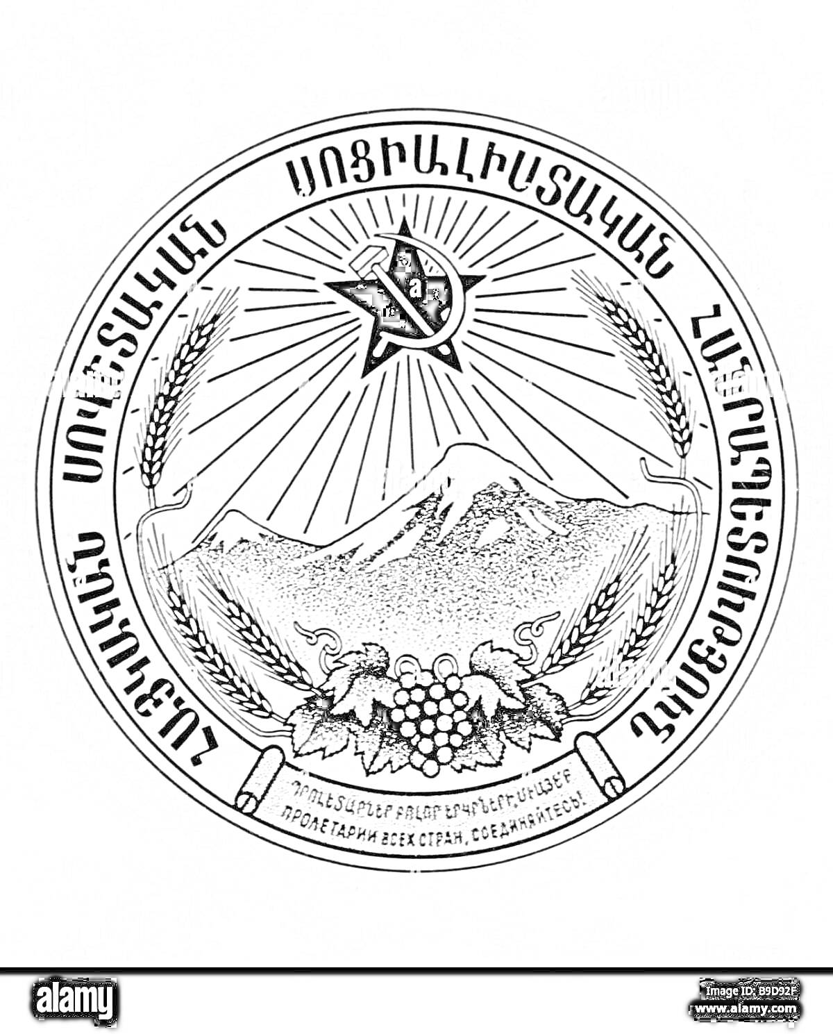 Раскраска Герб Армянской Советской Социалистической Республики с изображением горы Арарат, пшеничных колосьев, виноградной лозы, серпа и молота, окружённых текстом на армянском языке.