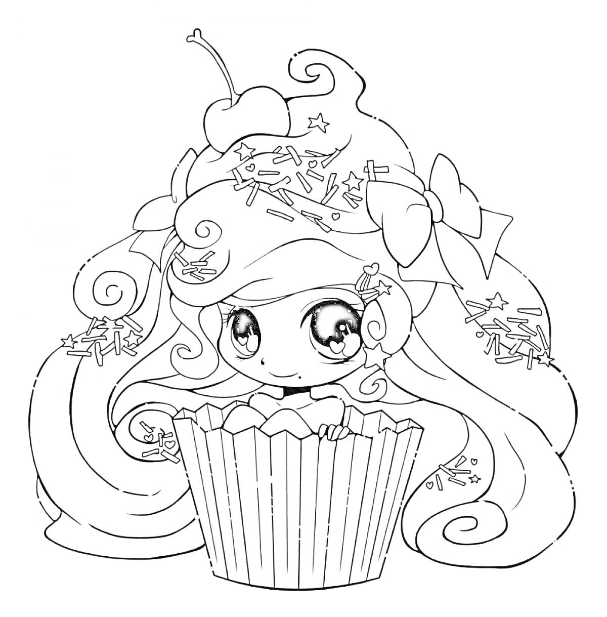 Раскраска Девочка с длинными волосами, украшенными посыпкой и вишней, сидящая в кексе