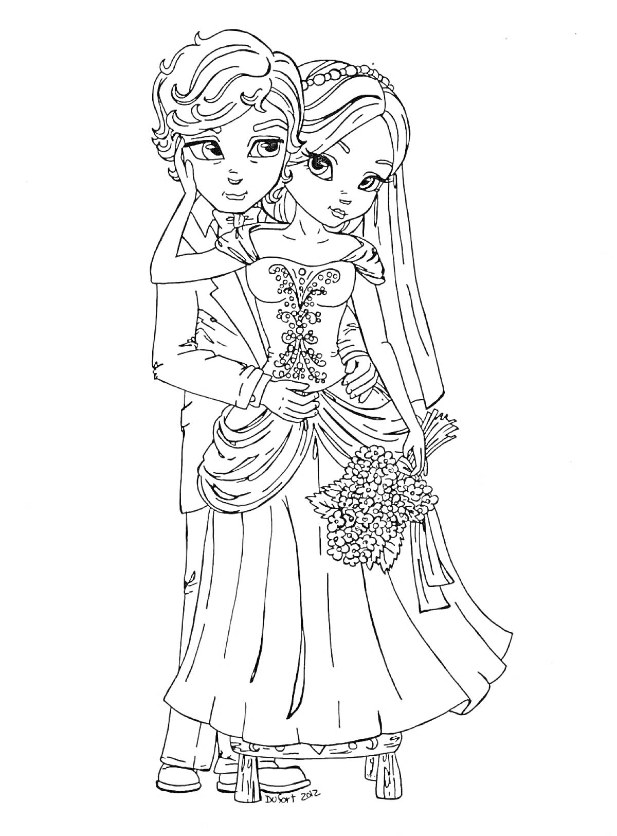Раскраска Молодая пара в свадебных нарядах с букетом