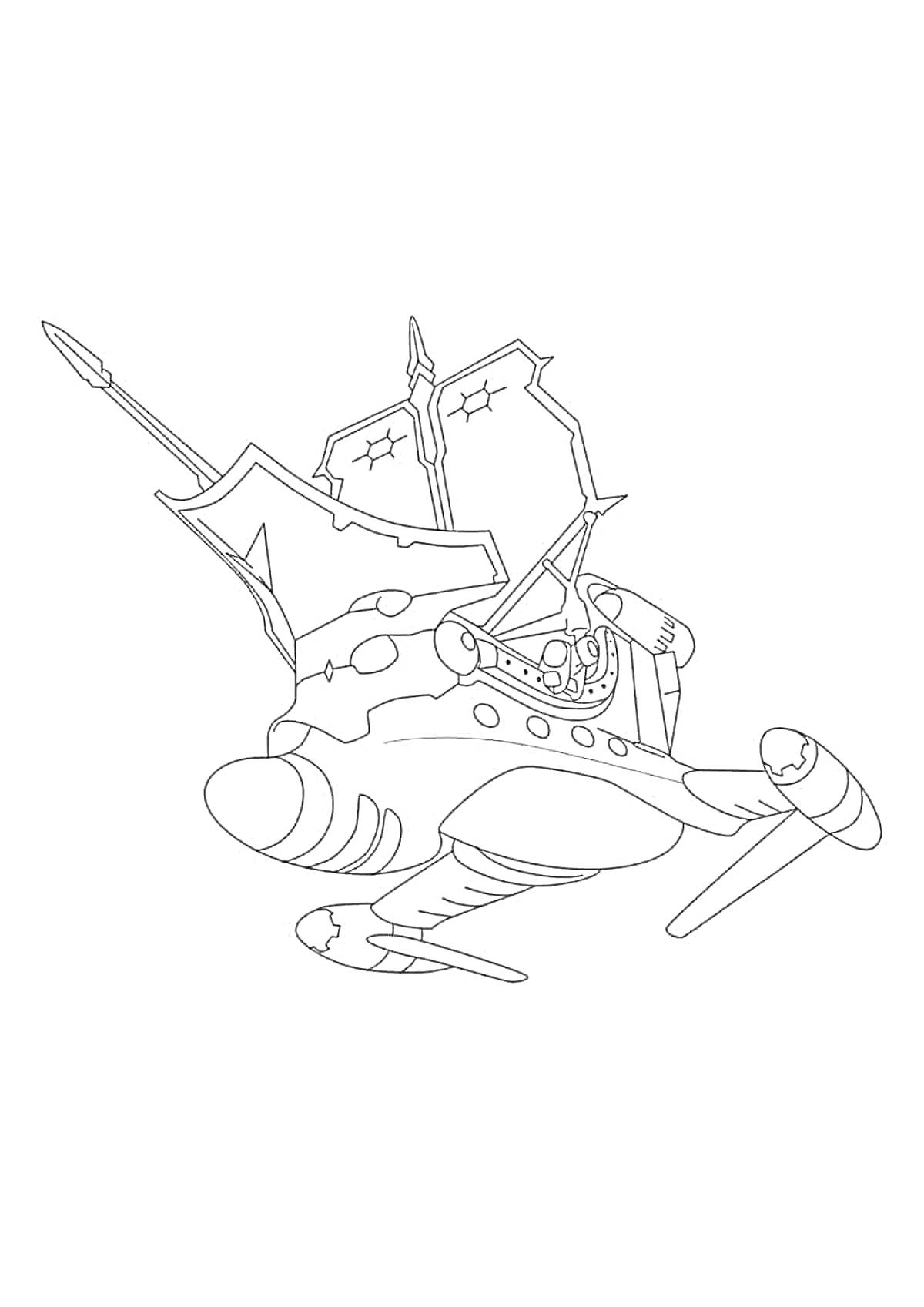 Раскраска Самолет с пушками и крыльями в форме паруса
