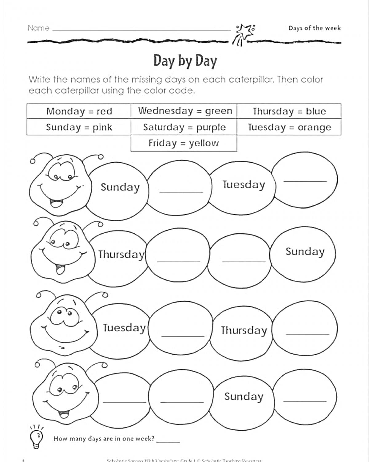 Раскраска раскраска с названиями дней недели на английском языке и гусеницами