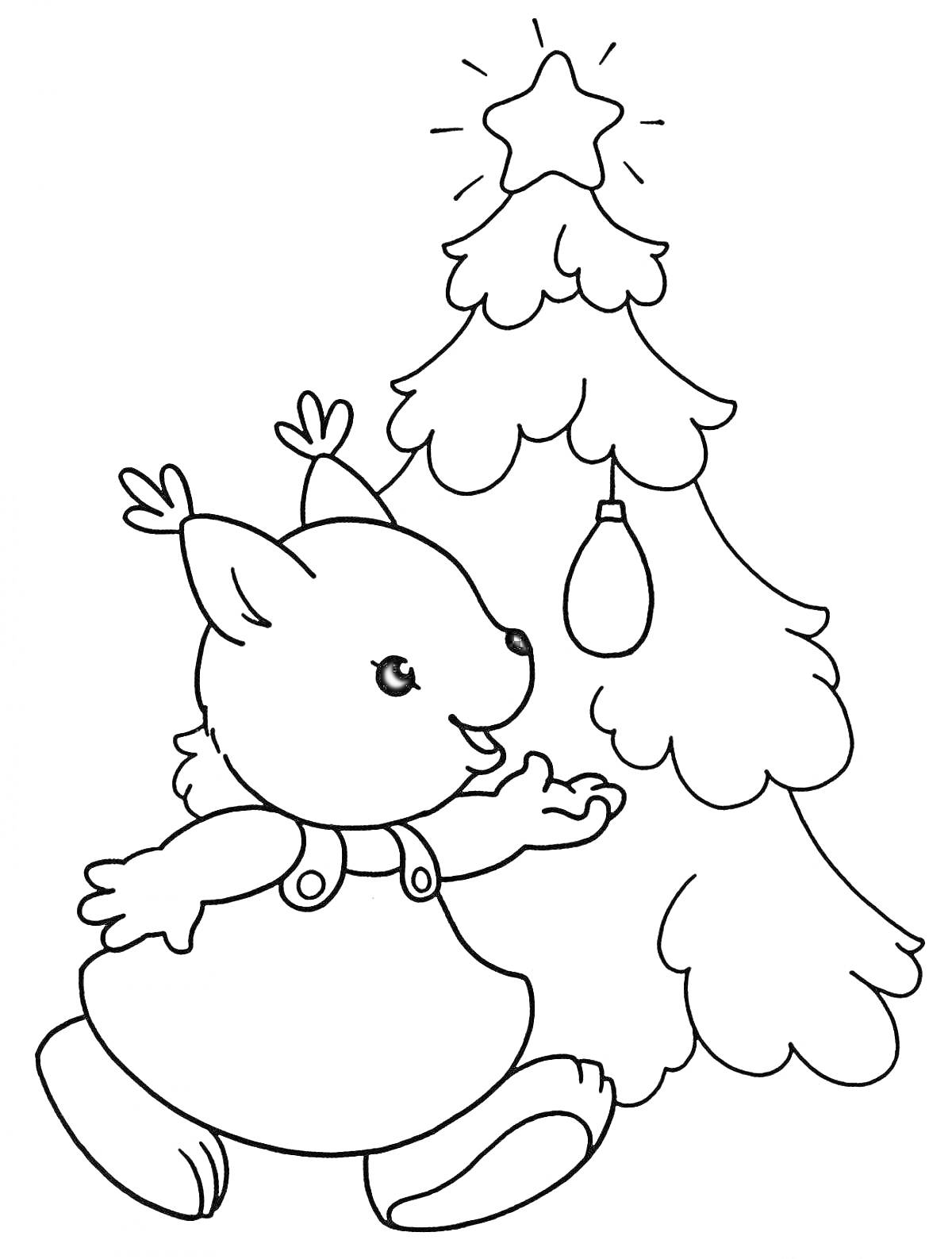 Раскраска Енот возле новогодней ёлки с украшениями и звездой наверху