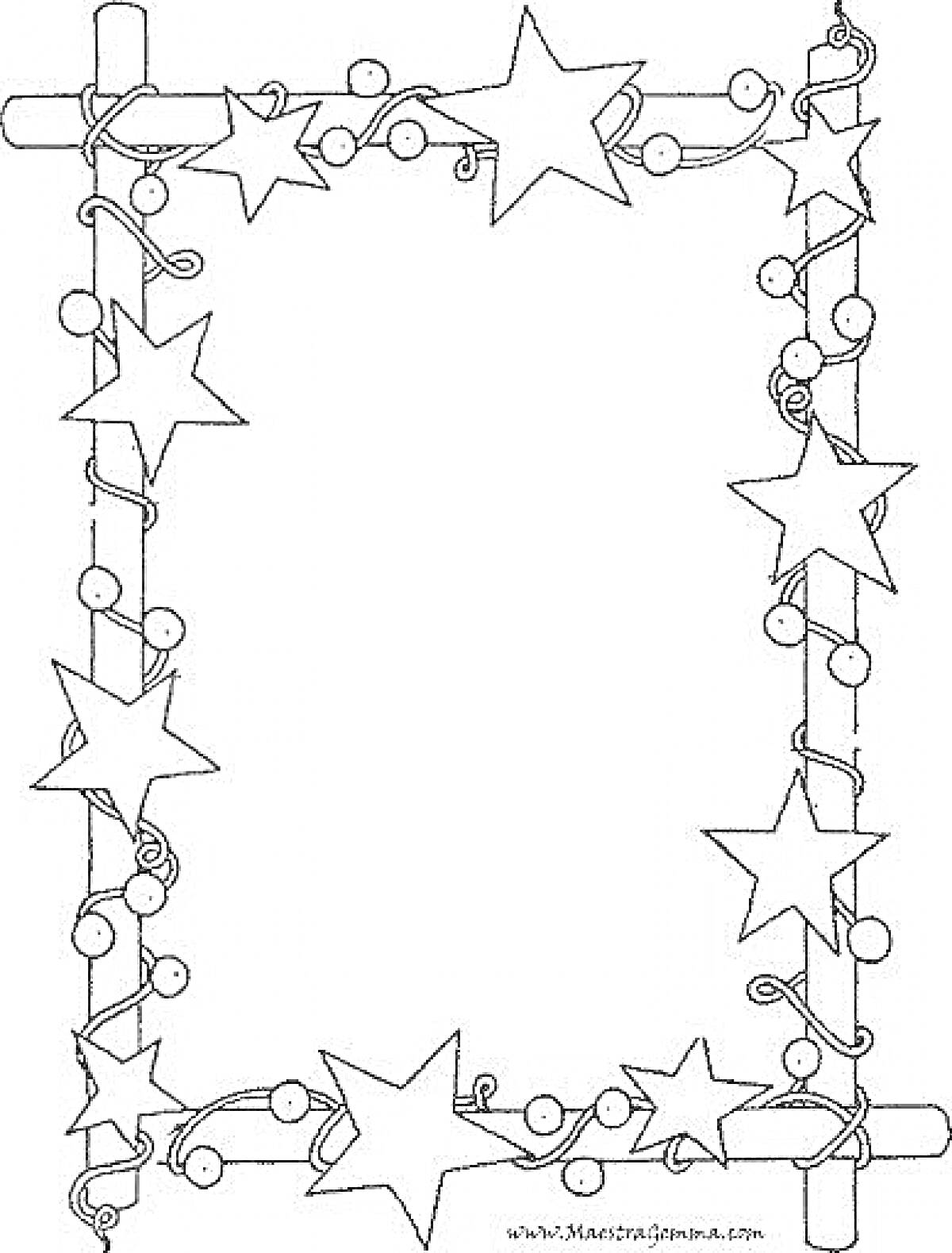 На раскраске изображено: Новогодняя рамка, Звезды, Гирлянда, Новый год