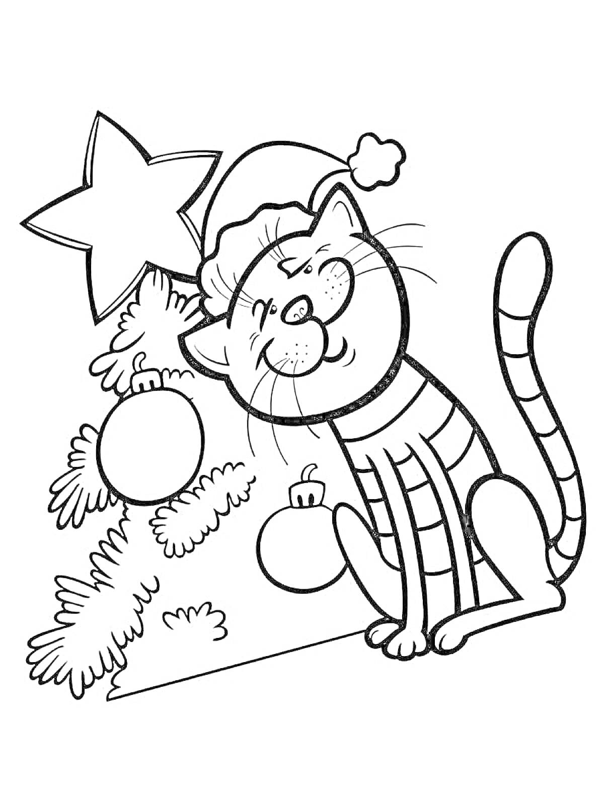 На раскраске изображено: Кот, Новый год, Новогодняя шапка, Игрушки