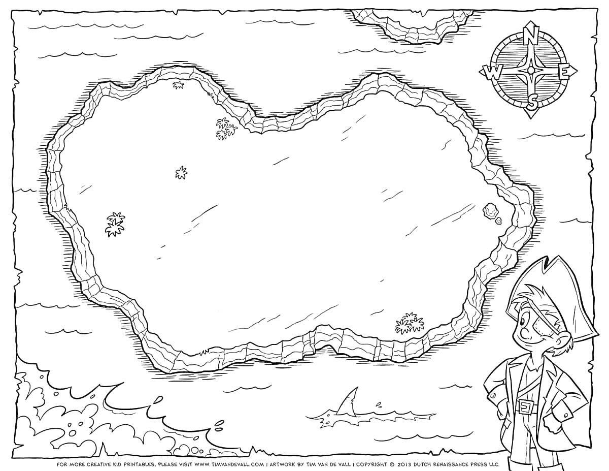Раскраска Карта острова с компасом, пиратом, береговой линией и акулами