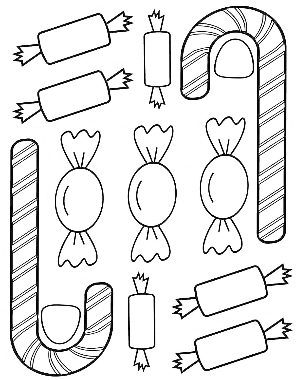Раскраска Зефир и карамельные палочки с завернутыми конфетами