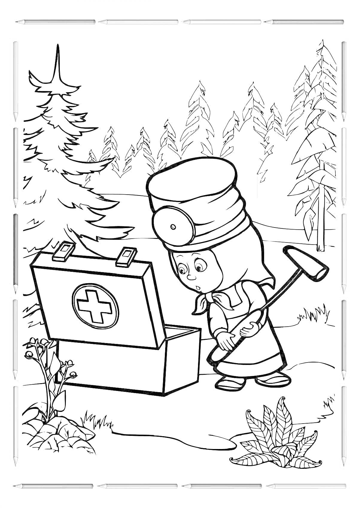 Раскраска Маша в лесу с медицинским чемоданом и лопатой