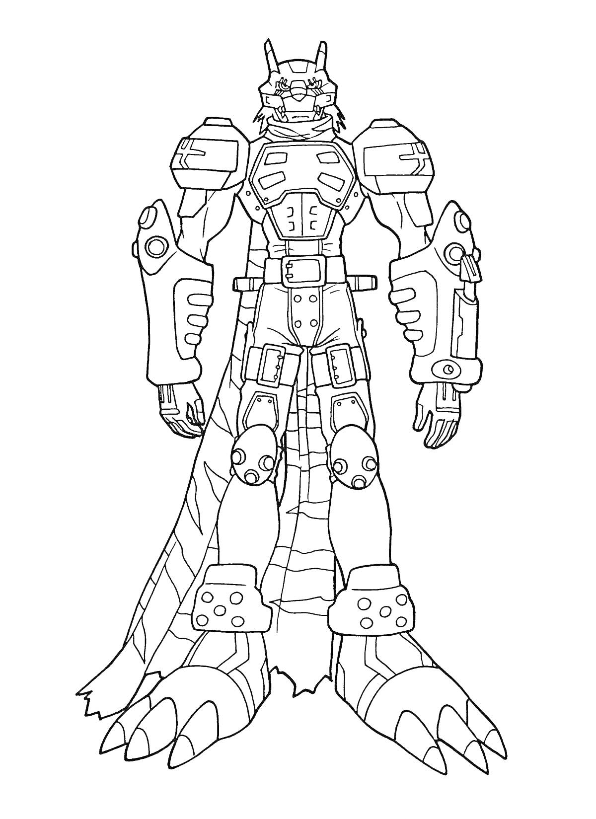 Раскраска Роботизированное существо в доспехах с длинным хвостом и большими когтями