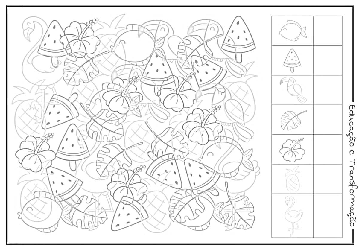 Раскраска Летний калейдоскоп с арбузными дольками, ананасами, клубникой, тропическими цветами, коктейльными напитками, листьями и фламинго