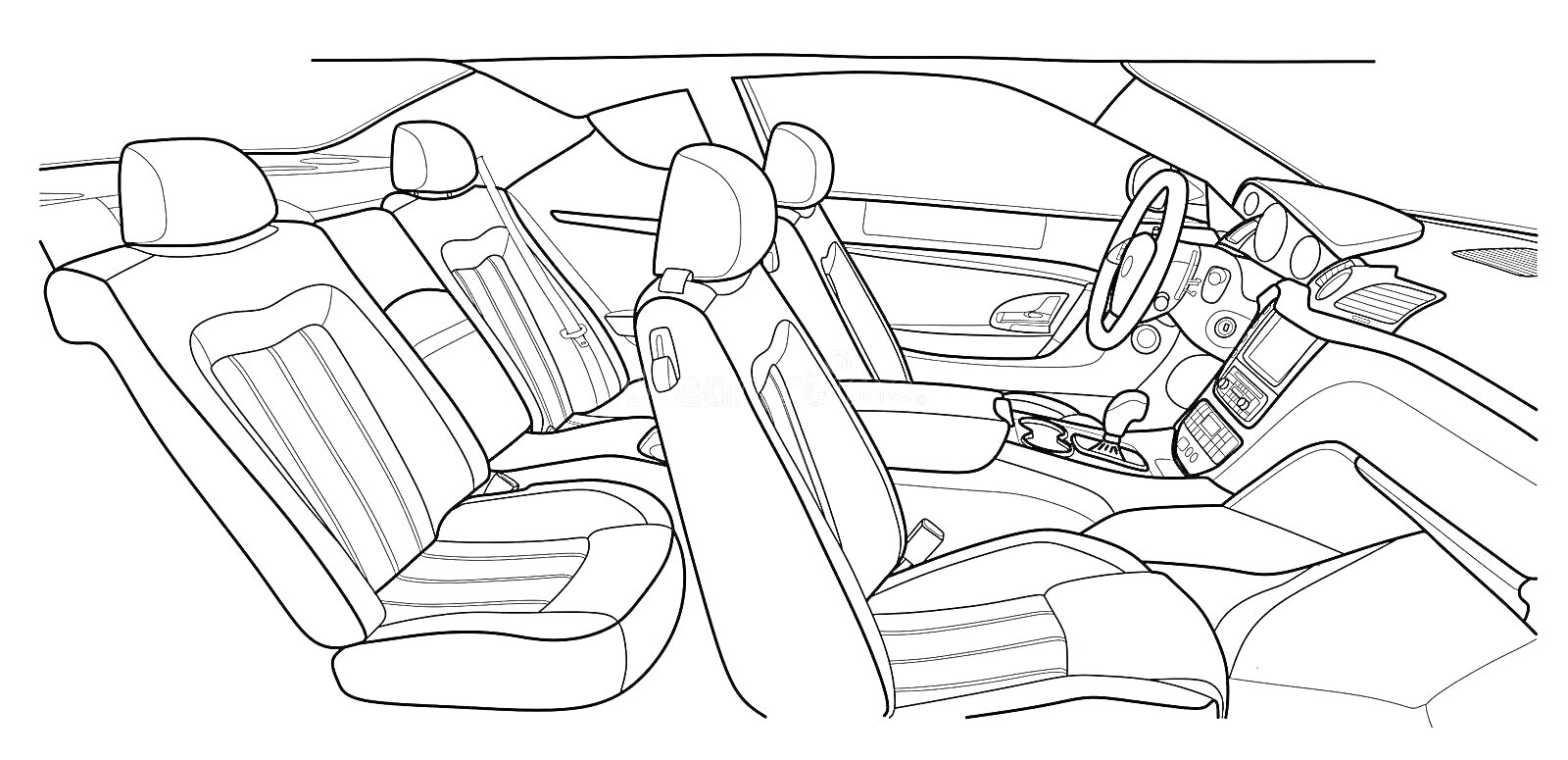 Раскраска Салон машины с передними и задними сиденьями, рулевым колесом, и приборной панелью