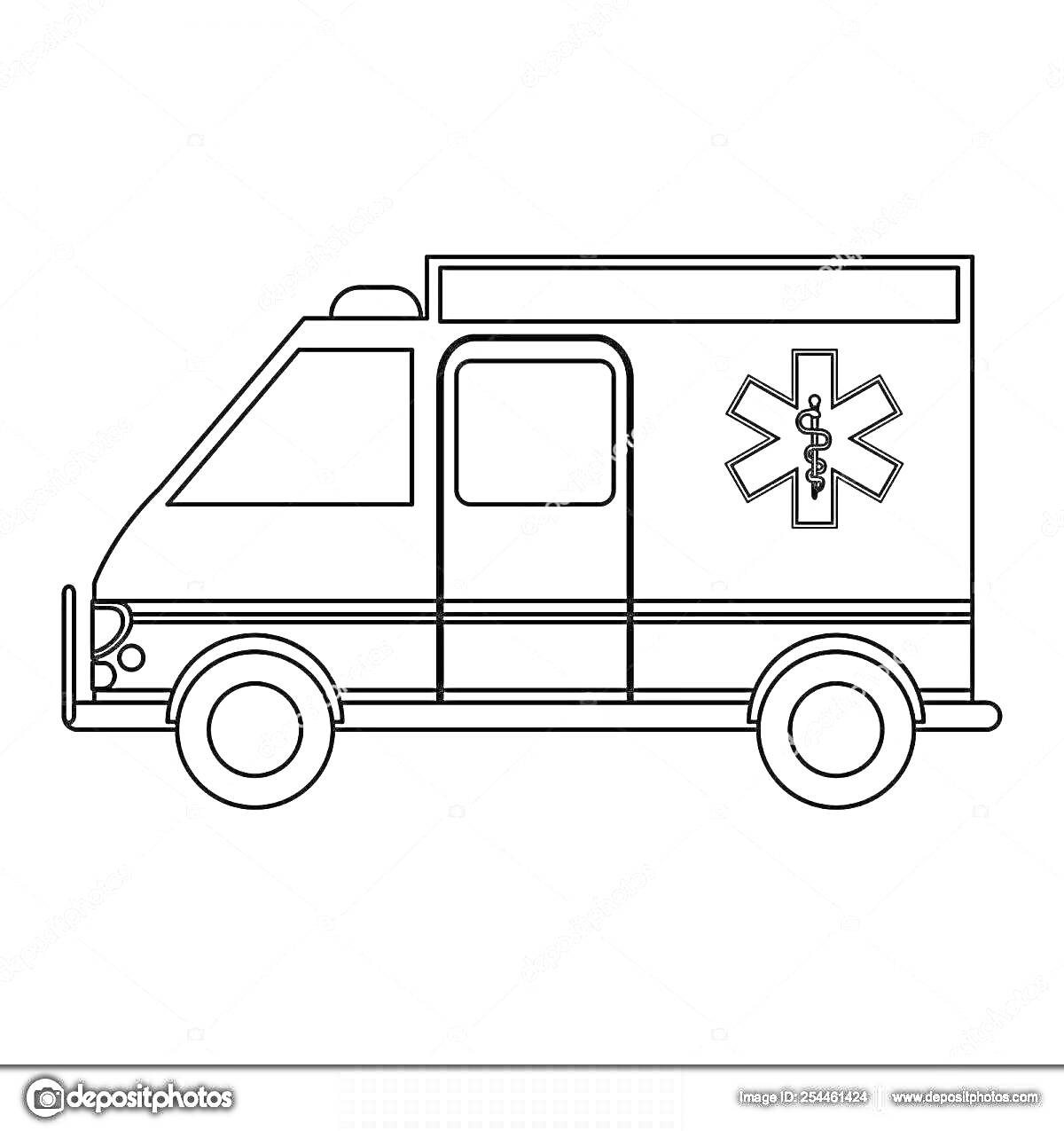 Раскраска Машина скорая помощь с крестом и змейкой на двери, с двумя колесами и световой панелью на крыше