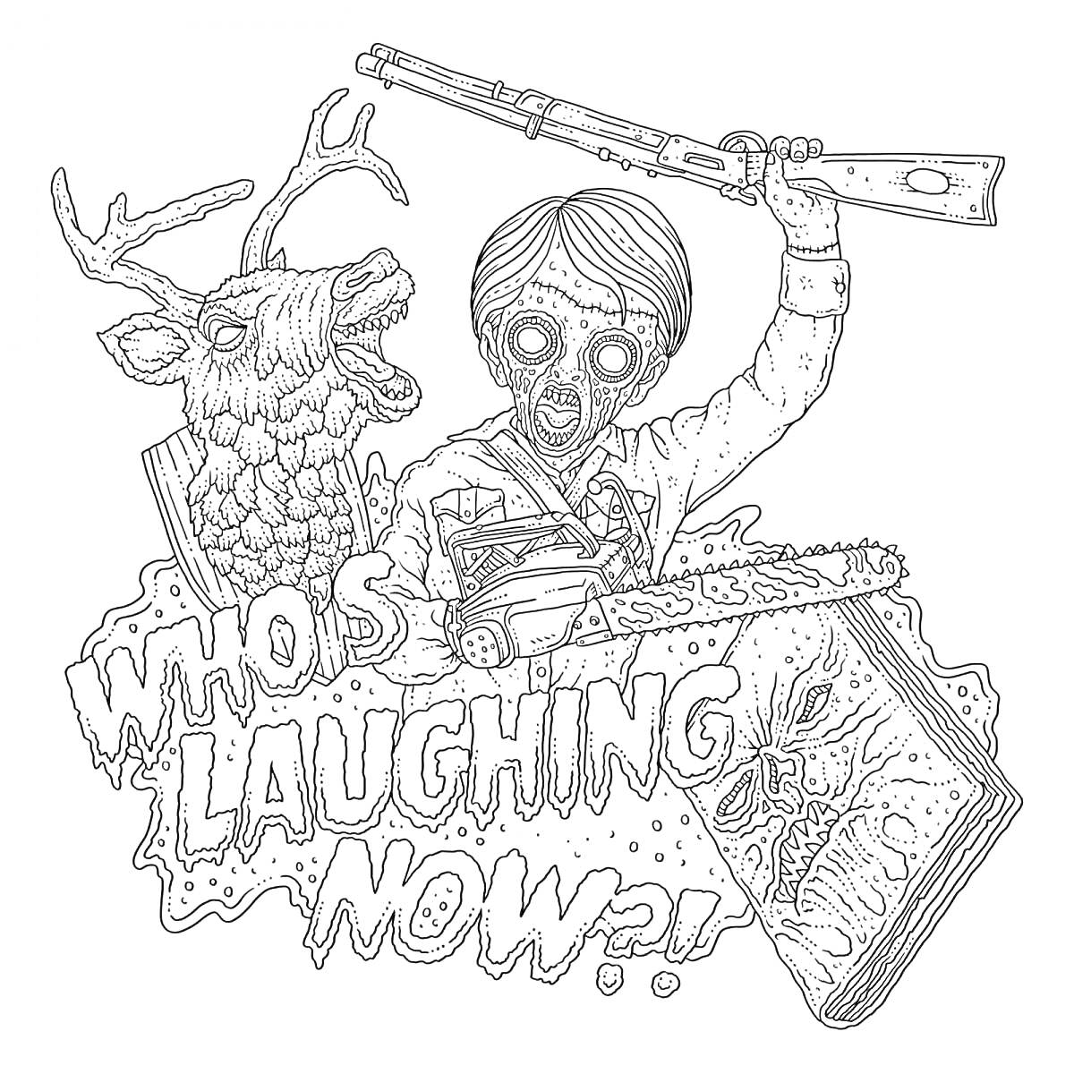 Раскраска Зомби с бензопилой и винтовкой, олень, книга с монстром и надпись 