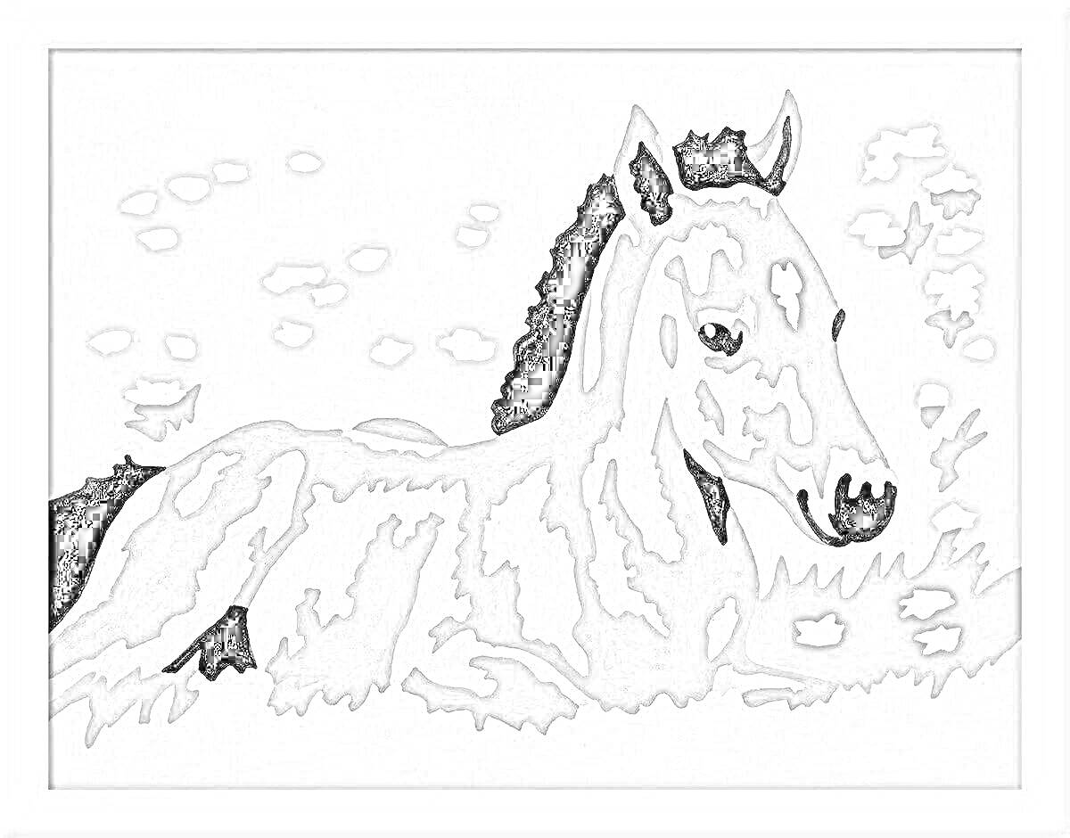 Раскраска Лежащая лошадь на фоне цветов по номерам