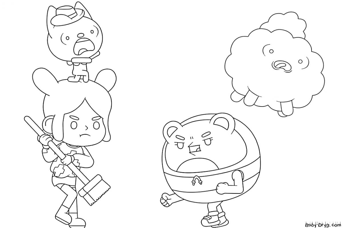На раскраске изображено: Девочка, Молоток, Тока бока, Животные, Медведь