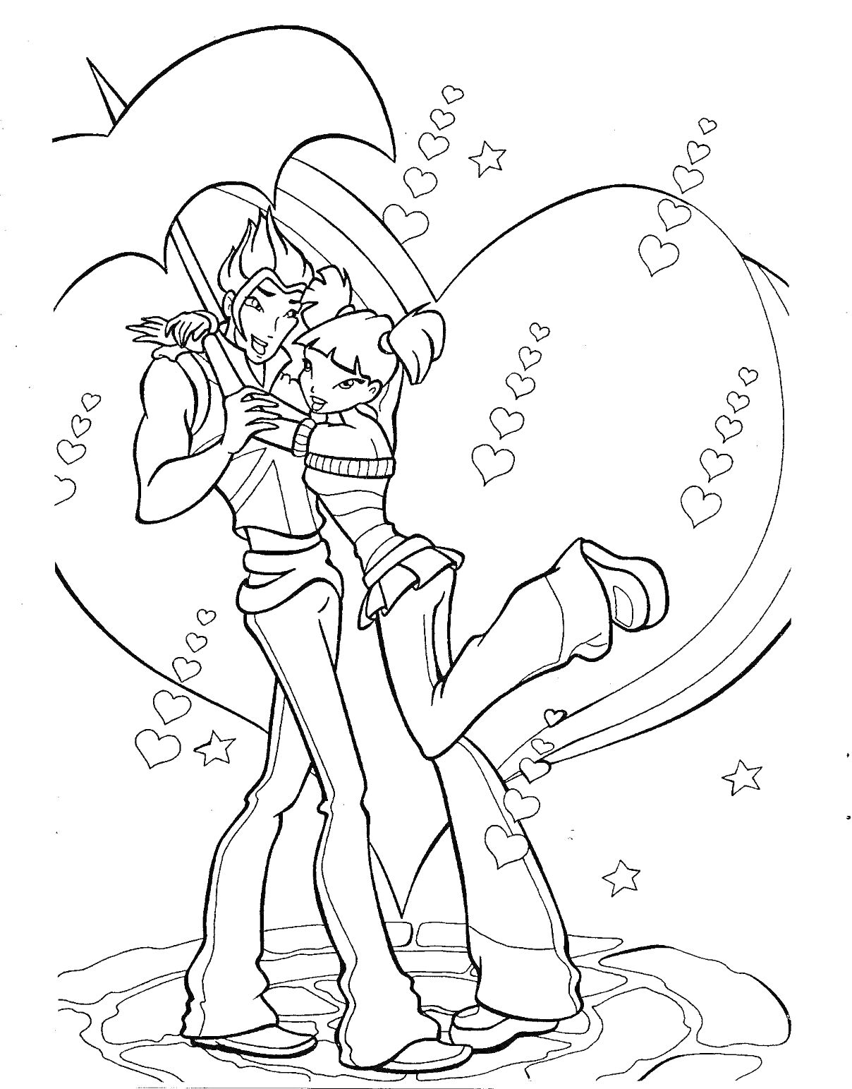 Раскраска Винкс Муза и парень под зонтом с сердечками
