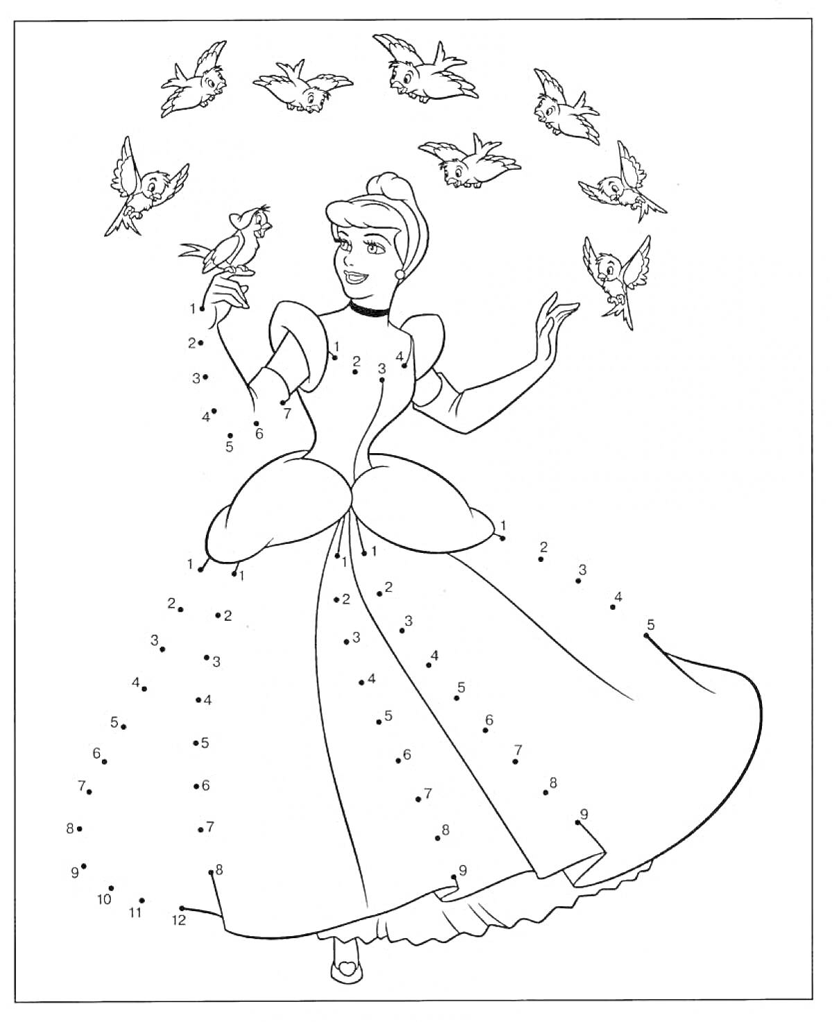 На раскраске изображено: Золушка, Бал, Принцесса, Платье, Для детей, Птица