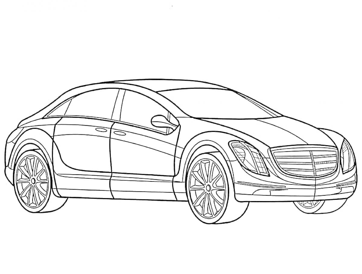 На раскраске изображено: Mercedes, Транспорт, Колёса, Фары, Окна