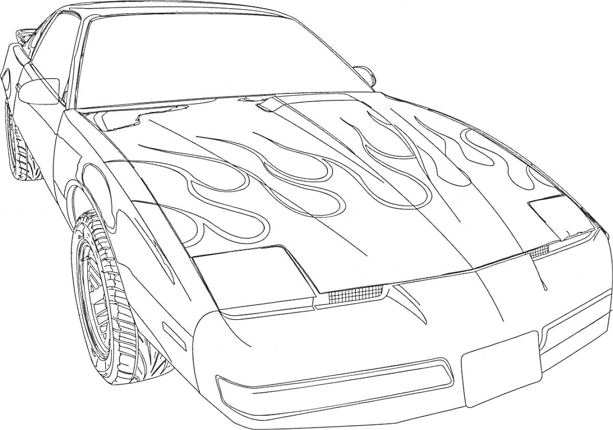 На раскраске изображено: Спорткар, Огонь, Крутая машина, Колёса, Капот, Фары