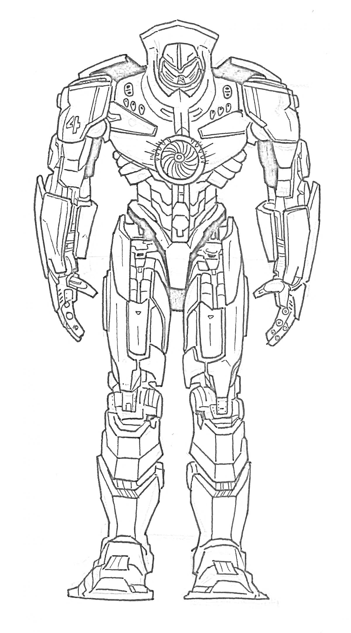 На раскраске изображено: Робот, Доспехи, Цифра 4, Детализированные элементы, Корпус, Ноги, Руки