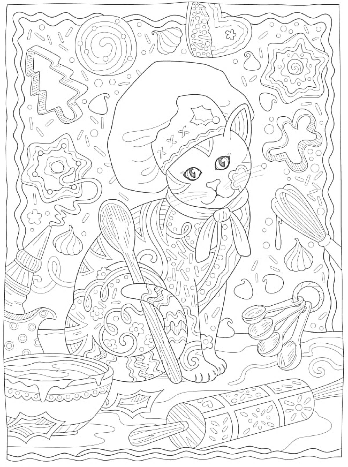 Раскраска Кошка-пекарь с венчиком, ложками, миской, качалкой, имбирными пряниками и кремом