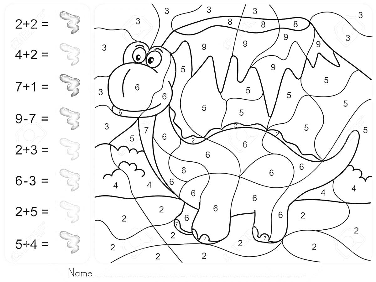 На раскраске изображено: Динозавр, Примеры, Для мальчиков, Горы, Цифры, Математика, 7 лет, Обучение