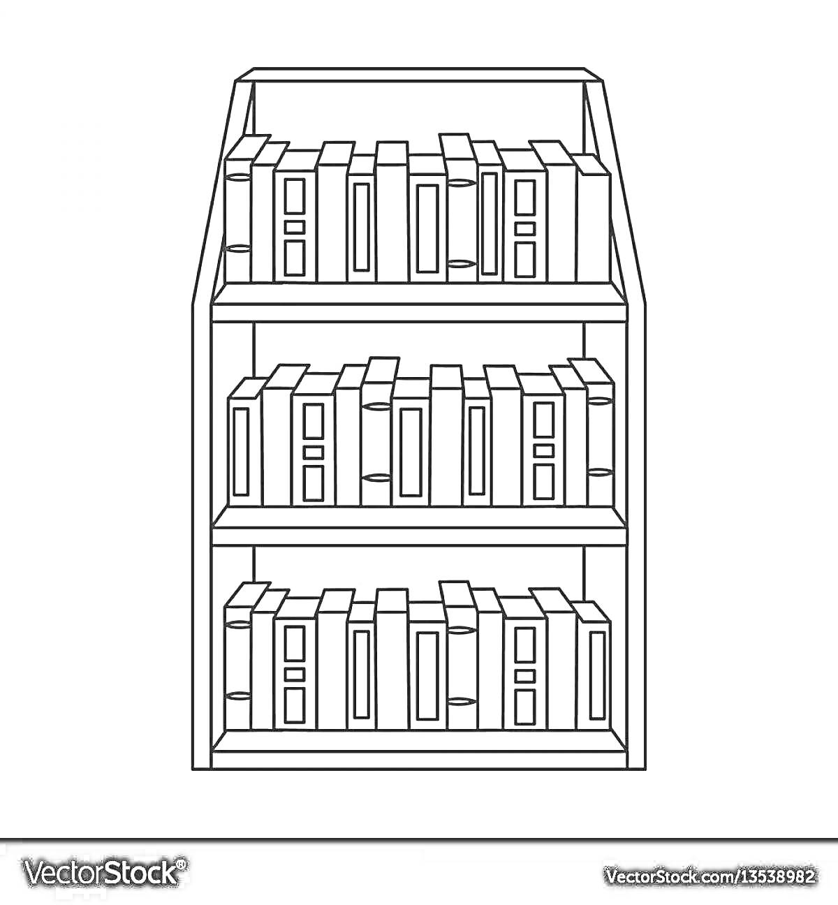 Раскраска Шкаф с книгами, три полки, книги вертикально и наклонно