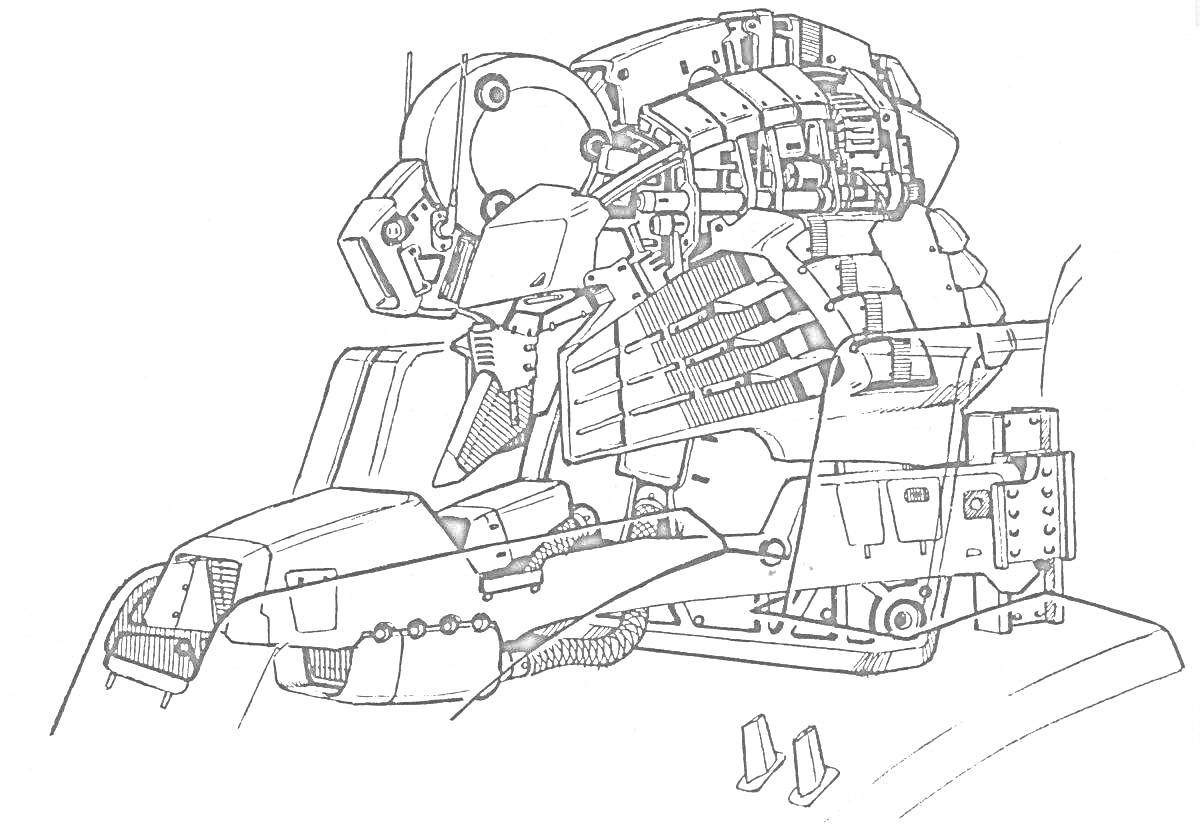 Раскраска Робот с механизированными руками и грудной броней, детали и провода на корпусе